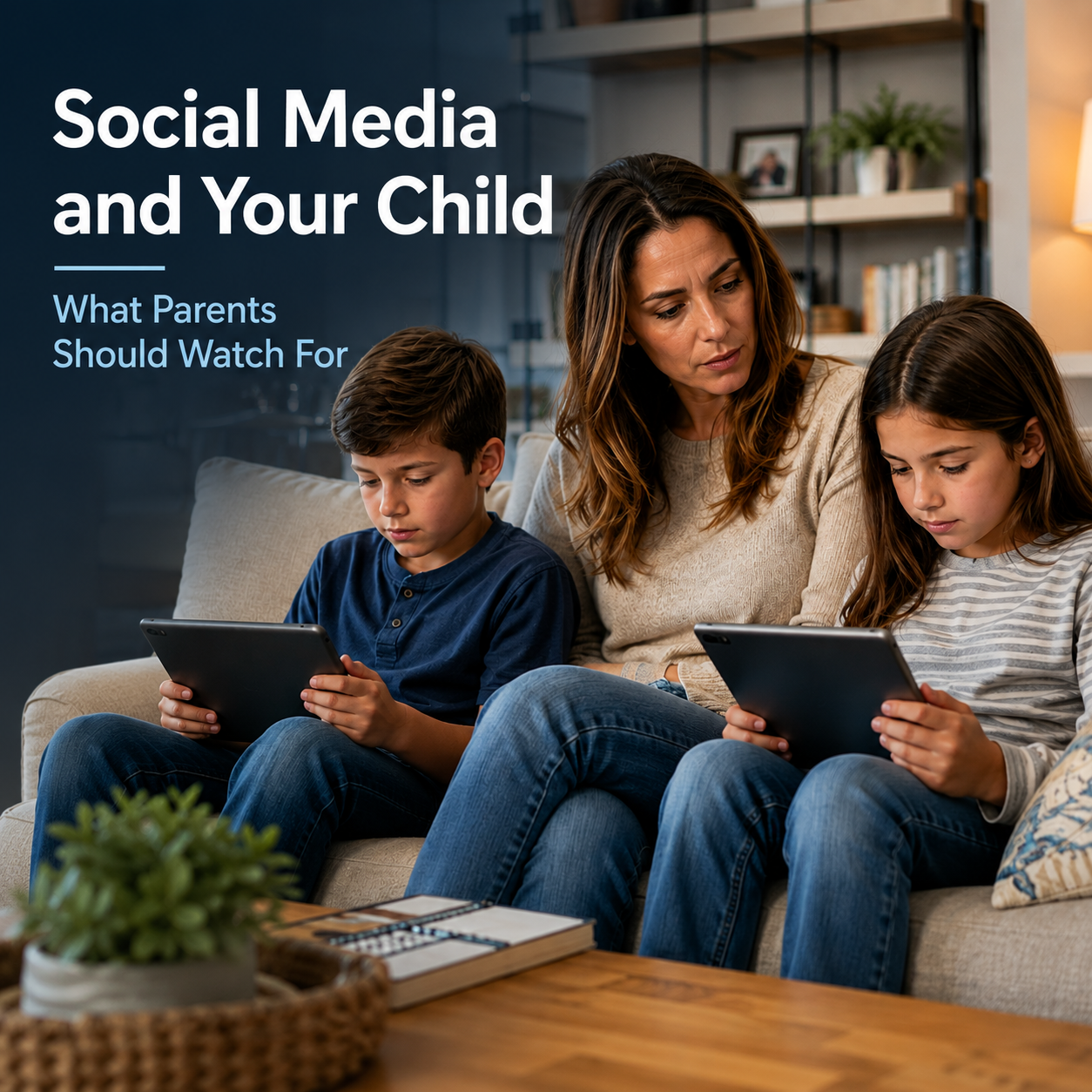 A mother watching as her two children use tablets, illustrating social media safety and parental awareness.